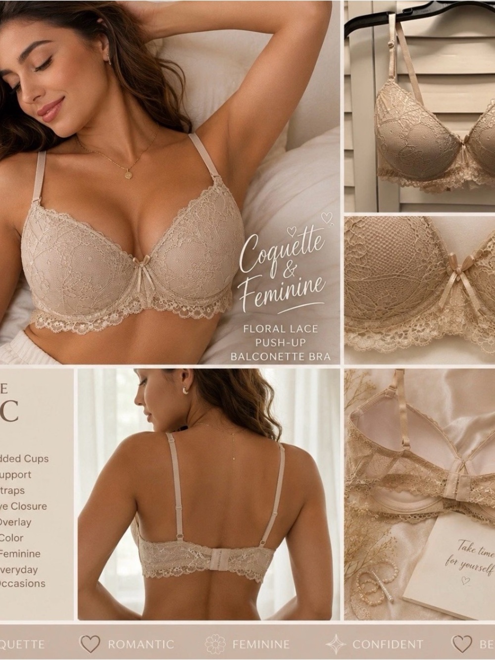 Balconette Push Up Bra 36C Underwire Coquette Romance Floral Racerback Lingerie